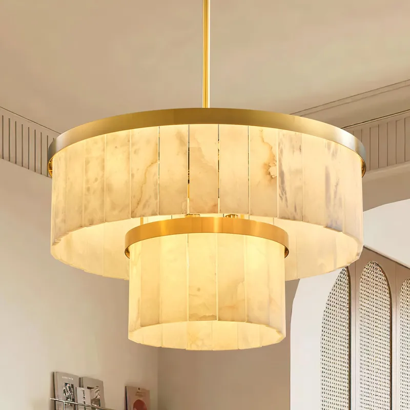 CEENWE Alabaster Chandelier 2-Tier D24 Brass Round Chandeliers, Modern Dining Room Chandelier Marble Pendant Light for Living Room, Bedroom, Foyer, Kitchen, Entryway Gold(Include Bulbs)