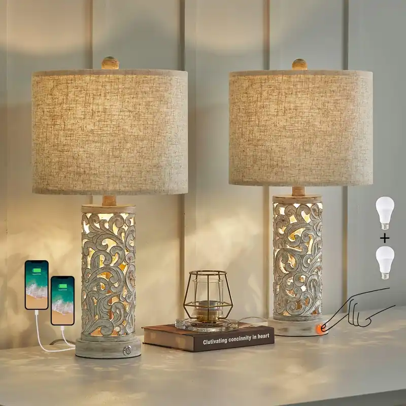 OYEARS Bedside Table Lamps Set of 2 with USB & Night Light, 22‘‘ Dimmable Touch Lamps for Nightstand, Farmhouse Lamps for Bedroom Living Room Home Offce (Bulb Included)