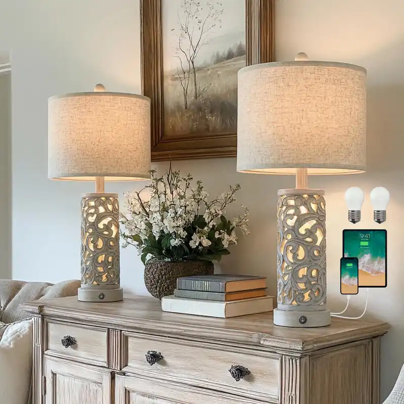 OYEARS Bedside Table Lamps Set of 2 with USB & Night Light, 22‘‘ Farmhouse Bedroom Lamps for Nightstand, Vintage Table Lamps for Bedroom Living Room Home Offce (Bulb Included)