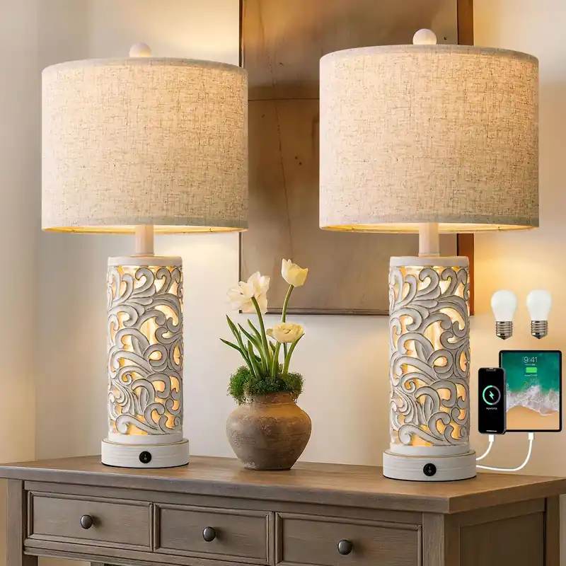 OYEARS 22‘‘ Table Lamp Set of 2 for Living Room,Farmhouse Lamp for for Bedroom,Vintage Retro Bedside Lamps with USB Ports Linen Shade for Home Office (Wash White, Bulb Included)