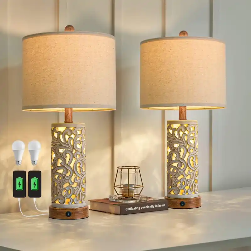 OYEARS 22‘‘ Table Lamp Set of 2 for Living Room,Farmhouse Lamp for for Bedroom,Vintage Retro Bedside Lamps with USB Ports Linen Shade for Home Office (Brown, Bulb Included)