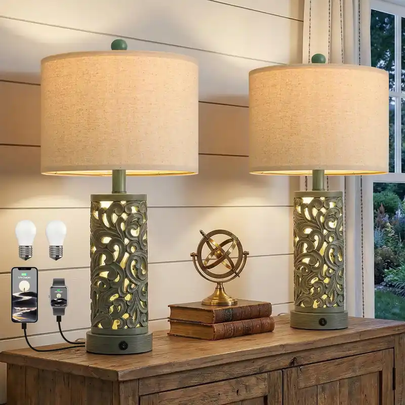 OYEARS 22‘‘ Table Lamp Set of 2 for Living Room, Farmhouse Lamp for Bedroom, Vintage Bedside Lamps with Retro Design and USB Ports, Linen Shade for Home Office (Bulb Included, Green)