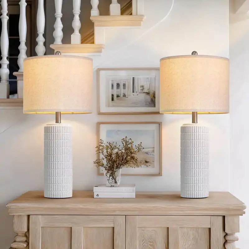 PoKat 27.5‘‘ Tall Table Lamps for Living Room Set of 2, Stone-Like Ceramic Bedroom Lamps for Night Stands, Farmhouse Bedside Lamps for Bedroom Living Room, Nightstand Lamps for End Table, Hallway