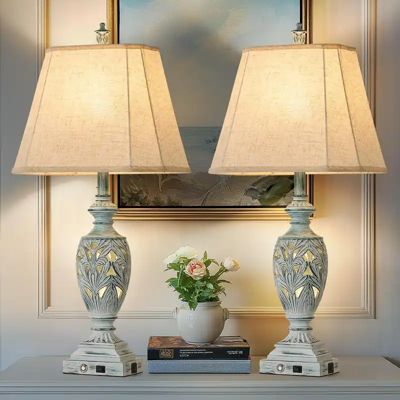 29.5"H Touch Control Traditional Table Lamp Set of 2,Vintage Bedside Lamp Nightstand Lamps with Dual USB Ports,3-Way Dimmable Hollow Out Leafwork Blue Washed Finish Desk Lamps for Living Room,Bedroom