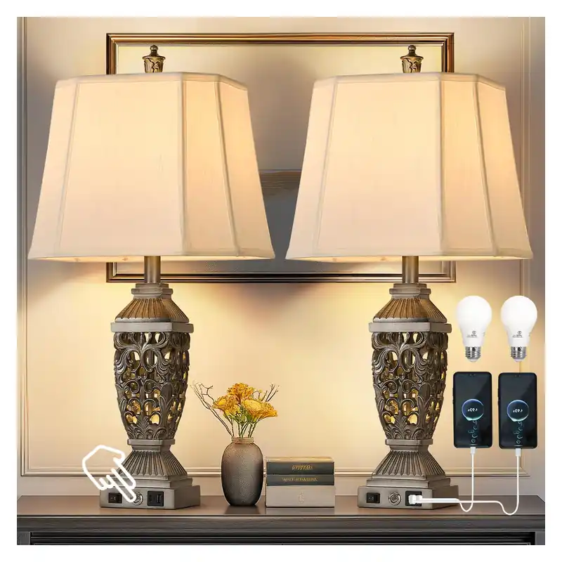 AIDENOEY Farmhouses Table Lamp with USB & USB-C Charging Ports, 3-Color Dimmable & Stepless Bottom Dimming, Touch Control & Switch, Vintage Bedside Lamp for Bedroom Living Room Office,(27.5" high)