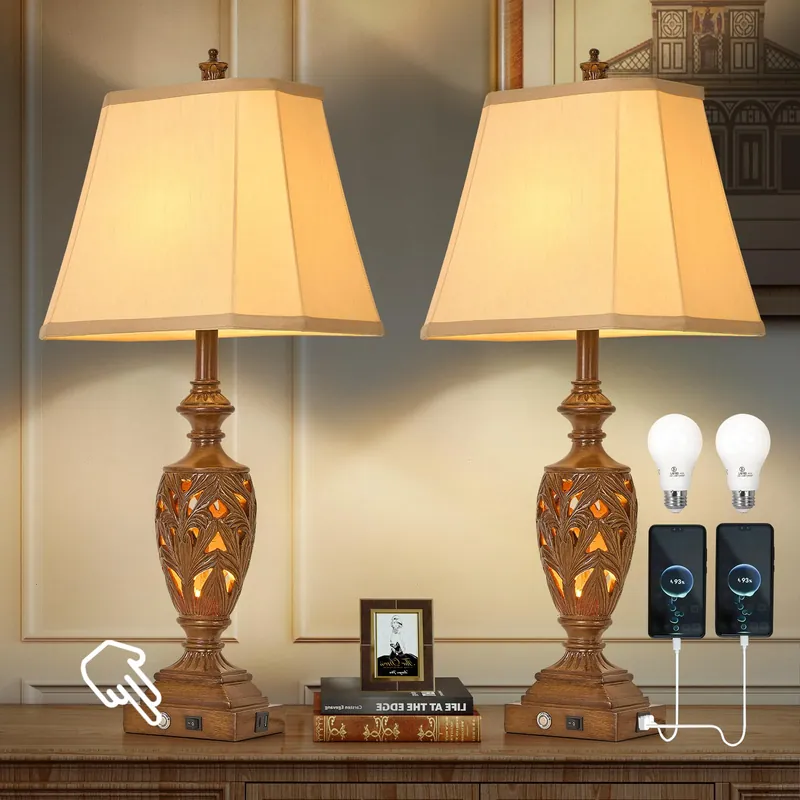 29.5"H Touch Control Traditional Table Lamp with Dual USB Ports, Set of 2, 3-Way Dimmable Hollow Out Leafwork Bronze Wood Finish Vintage Bedside Nightstand Desk Lamps for Living Room,Bedroom