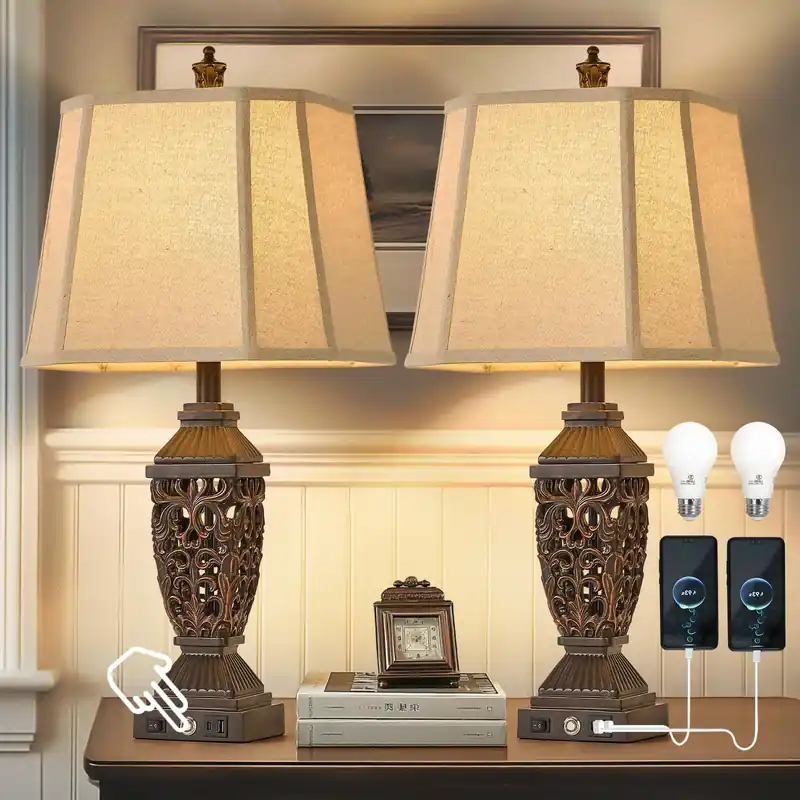 AIDENOEY 27.5“ Farmhouses Table Lamp with USB & USB-C Charging Ports, 3-Color Dimmable & Stepless Bottom Dimming, Touch Control & Switch, Vintage Bedside Lamp for Bedroom Living Room Office,(Brown)