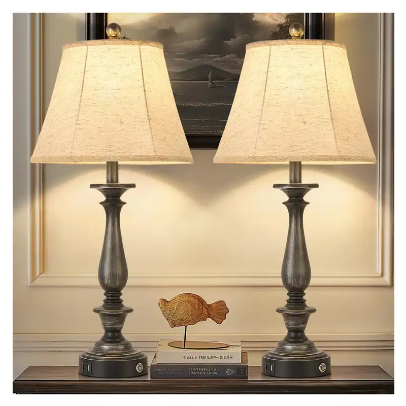 AIDENOEY 28.5" Traditional Table Lamp Set of 2, Rustic Farmhouse Table Lamps for Living Room Bedroom, Bedside Desk Lamps Vintage Nightstand Lamps with Silk Fabric Shades, Antique Silver Table Lamp