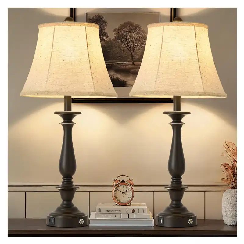 AIDENOEY 28.5" Traditional Table Lamp Set of 2, Rustic Farmhouse Table Lamps for Living Room Bedroom, Bedside Desk Lamps Vintage Nightstand Lamps with Silk Fabric Shades, Black Sweep White Gold