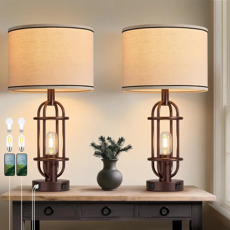 Reaketon Living Room Lamps Set of 2, 22.3" Farmhouse Table Lamp for Bedroom, Vintage Lamps for Night Stands with USB Ports, Oil Rubbed Bronze