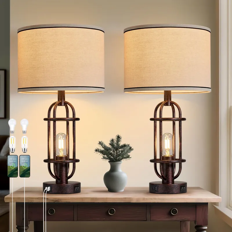 Reaketon 22.3" Table Lamps for Living Room Set of 2, Farmhouse Lamps for Nightstand, Vintage Table Lamps for Bedroom with USB Ports, Bulbs Included