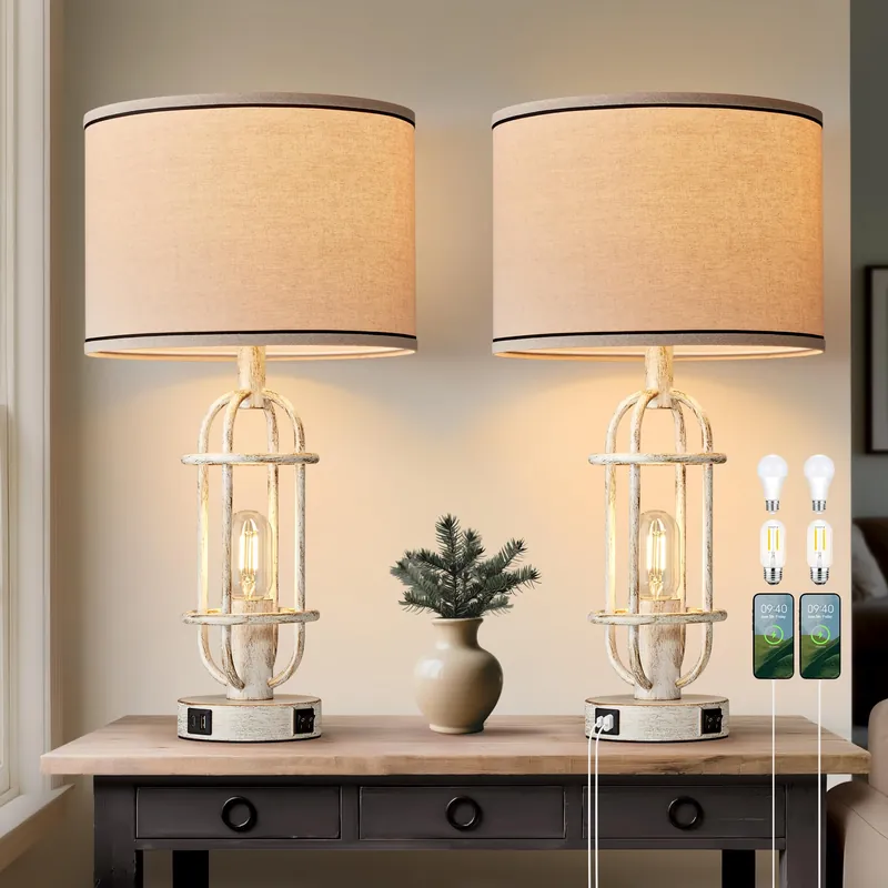 Reaketon 22.3" Farmhouse Table Lamps Set of 2, Vintage Lamps for Living Room End Tables, Bedroom Lamp for NightStand with USB C+A Ports, Antique White