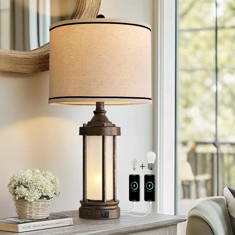 G-SAFAVA 25‘‘ Table Lamp for Living Room Bedroom Farmhouse Metal Lamps with 2 USB Ports, Built-in Frosted Glass Night Light Vintage Industrial Nightstand Bedside End Lamp, 2 Bulbs Included, Bronze