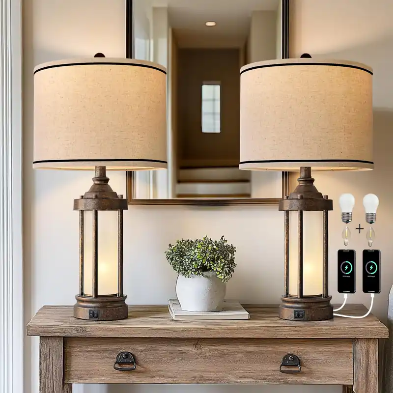 25‘‘ Table Lamps Set of 2 for Living Room Bedroom Farmhouse Metal Lamps with 2 USB Ports, Built-In Frosted Glass Night Light Vintage Industrial Nightstand Bedside Lamp, 4 Bulbs Included, Bronze