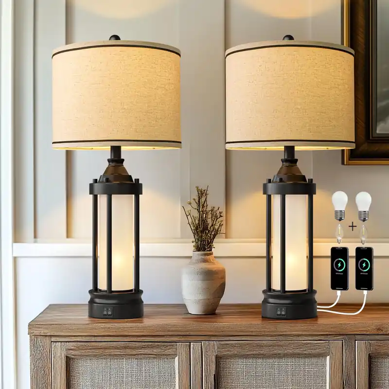 25‘‘ Table Lamps for Bedroom Living Room Lamps Set of 2 Farmhouse Nightstand Bedside Lamps with USB Ports, Built-In Frosted Glass Night Light Industrial Metal Night Stand Lamp, Bulbs Included, Black