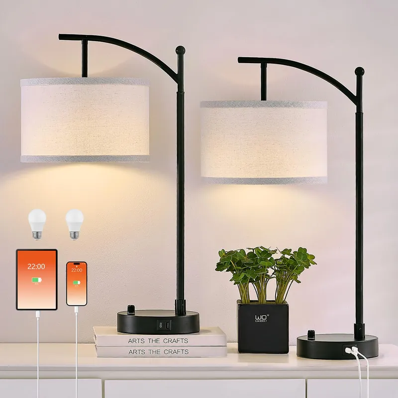 Hikczc Table Lamp for Living Room Bedroom, 23.5" Table Lamps Set of 2 with USB C+A Ports, Bedside Lamps for Nightstand with Linen Lamp Shades, 2 Dimmable LED Bulbs Included, Black
