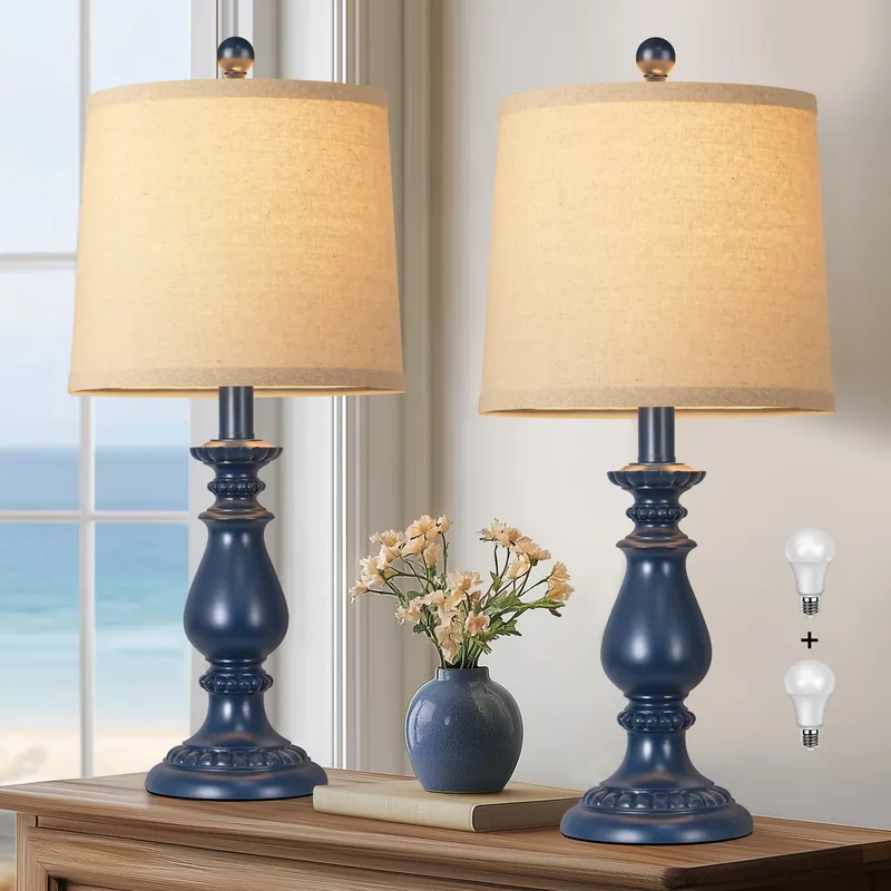 QiMH Farmhouse Table Lamp Set of 2, Rustic Table Lamps for Living Room, Vintage Nightstand Lamp with Rotary Switch, Beside Lamps for Bedroom, Traditional Table Lamps with Linen Shade, Blue