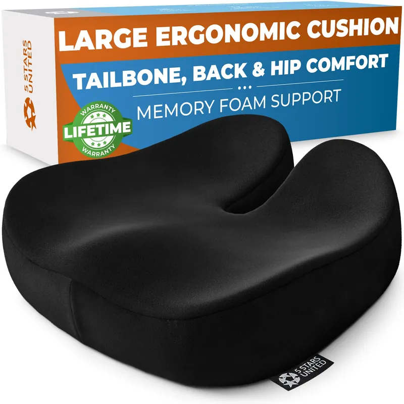 5 STARS UNITED Seat Cushion for Tailbone Pain Relief โ Large Memory Foam Cushion for Coccyx, Hip, Sciatica & Post-Surgery Recovery โ Wheelchair, Car, Desk