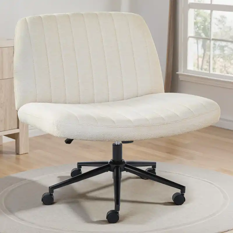 OLIXIS Criss Cross Chair with WOLIXIS Criss Cross Chair with Wheels Wide Cross Legged Office Desk Vanity Chairheels Wide Cross Legged Office Desk Vanity Chair Comfy Fabric Armless Adjustable Swivel for Home Computer Task Fabric Beige