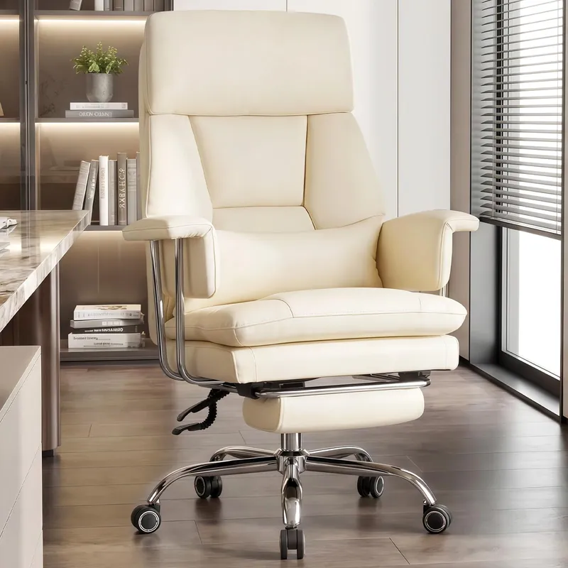 Furniliving Big and Tall Office Chair with Footrest, PU Leather High Back Executive Office Chair with Adjustable Lumbar Support, Gaming Chair with Padded Arm and Pillow, Height Adjustment, Beige