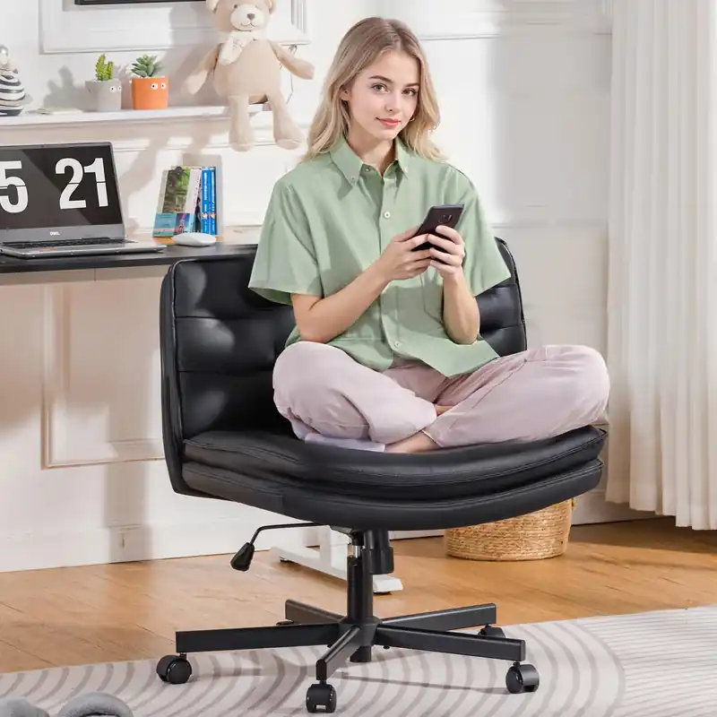 GTPLAYER Criss Cross Legged Office Chair with Wheels, Extra Wide Armless Comfy Desk Chair for Home Bedroom