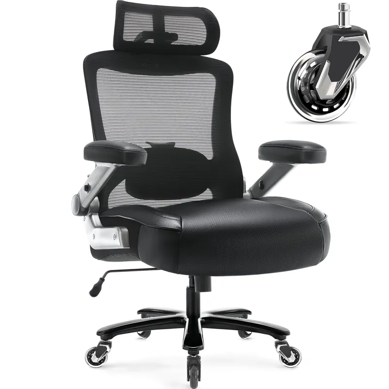 Big and Tall Office Chair 600lbs with 3D Flip Arms Adjustable Headrest - Heavy Duty Large Wheels Executive Computer Desk Chair