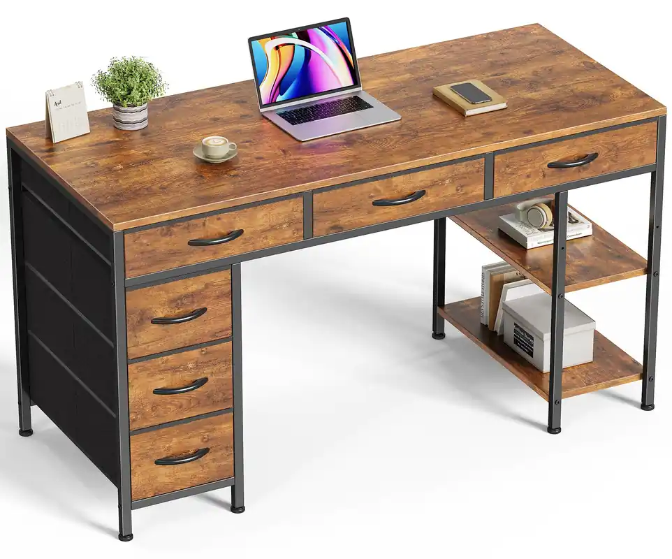 Huuger Computer Desk with 6 Drawers, Office Desk with Shelves