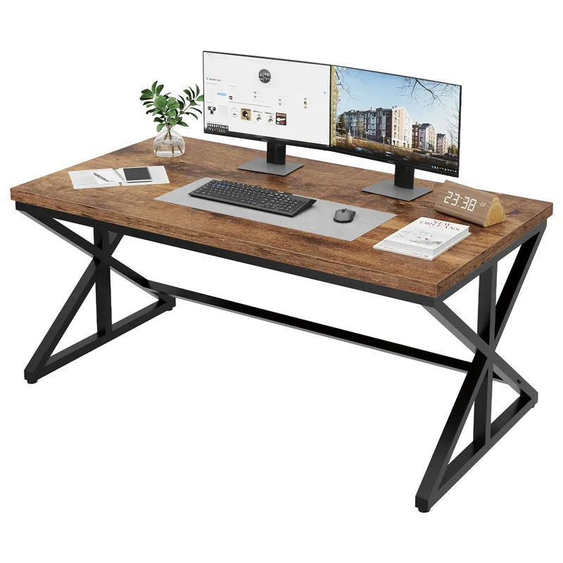 Wooden Metal Executive Pc Computer Desk Table, Wood Student Gaming Study Computer Table for Bedroom Living Room