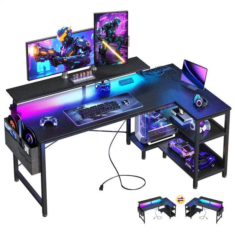 ODK 48 Inch Gaming Desk with USB Charging Ports and LED Lights, Reversible L Shaped Computer Desk with Storage Shelves