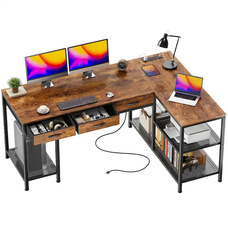 PRAISUN 55 Inch L Shaped Office Desk with Power Outlets and Type-C Port, Large Computer Gaming Desk with 3 Fabric Drawers, Mesh Shelves, Corner Study Work Writing Desk, Rustic Brown