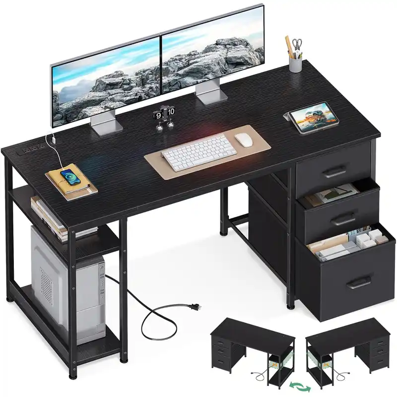AODK 51 Inch Computer Desk with Fabric Drawers & USB Power Outlets, Reversible Home Office Desk with Storage Shelves, Work from Home