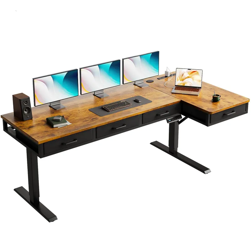 OffiGo 63 Inch L Shaped Electric Standing Desk with Drawers, Height Adjustable Large Desk with Power Outlets, Sit Stand Table, Writing Computer Desk for Home, Office