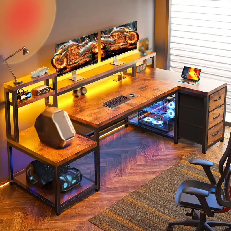 EnHomee 71" L Shaped Computer Desk with 3 Drawers & Hutch,Reversible Gaming Desk with LED Lights & Power Outlet,Home Office