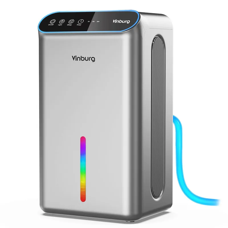 Dehumidifier for Home 1000 sq.ft - Small Quiet Dehumidifier with Auto Shut Off, Aromatherapy, 3 Gear Timer, Sleep Mode, 7-Color LED Light, Drain Hose for Bedroom, Bathroom, Basement, RV(Matte Silver)