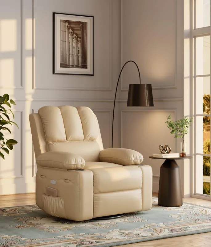Garvee 27" Power Recliner Chair for Adults with Massage and Heat 360° Swivel Oversized Leather Recliner Chair Large Seat Width with USB Ports & Side Pockets for Living Room Bedroom Relaxation, Beige
