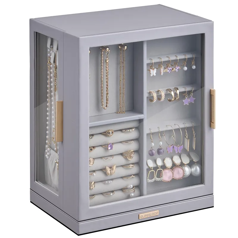 Glimmloop 360° Rotating Jewelry Box with 5 Drawers, Spacious Vertical Jewelry Organizer with Glass Window, Jewelry Storage Case, Dustproof & Moisture-resistant Design, Grey