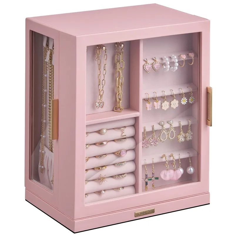 Glimmloop 360° Rotating Jewelry Box with 5 Drawers, Spacious Vertical Jewelry Organizer with Glass Window, Jewelry Storage Case, Dustproof & Moisture-resistant Design, Pink