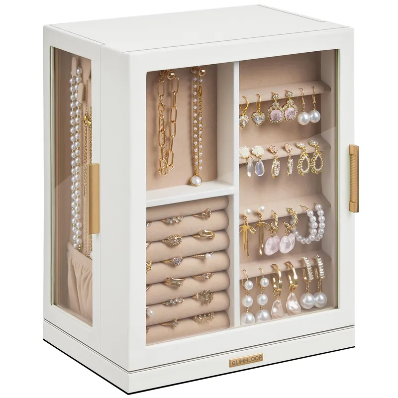 Glimmloop 360° Rotating Jewelry Box with 5 Drawers, Spacious Vertical Jewelry Organizer with Glass Window, Jewelry Storage Case, Dustproof & Moisture-resistant Design, White