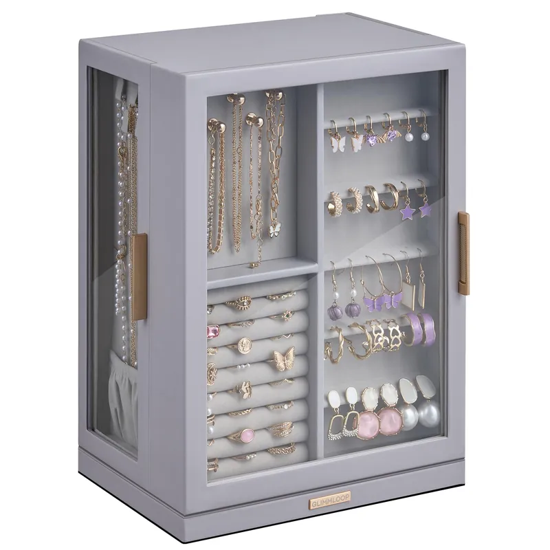 Glimmloop 360° Rotating Jewelry Box with 7 Drawers, Spacious Vertical Jewelry Organizer with Glass Window, Jewelry Storage Case, Dustproof & Moisture-resistant Design, Grey