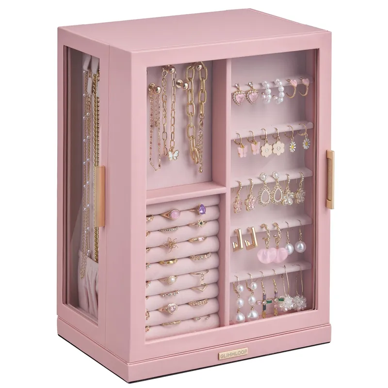 Glimmloop 360° Rotating Jewelry Box with 7 Drawers, Spacious Vertical Jewelry Organizer with Glass Window, Jewelry Storage Case, Dustproof & Moisture-resistant Design, Pink