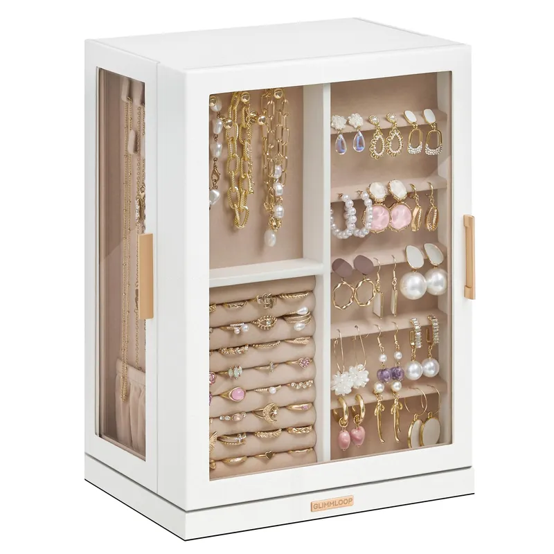 Glimmloop 360° Rotating Jewelry Box with 7 Drawers, Spacious Vertical Jewelry Organizer with Glass Window, Jewelry Storage Case, Dustproof & Moisture-resistant Design, White