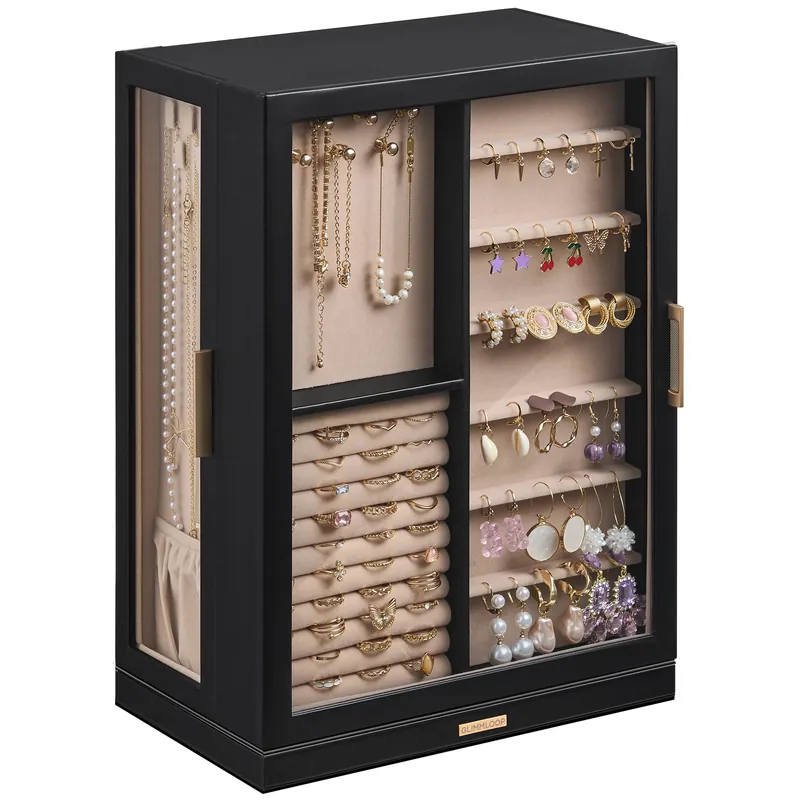 Glimmloop 360° Rotating Jewelry Box with 9 Drawers, Spacious Vertical Jewelry Organizer with Glass Window, Jewelry Storage Case, Dustproof & Moisture-resistant Design, Black