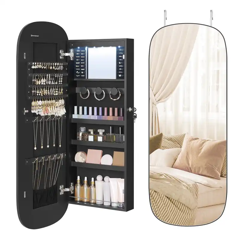 SONGMICS Jewelry Organizer, LED Jewelry Cabinet Wall/Door Mounted, Lockable Rounded Wide Mirror with Storage, Interior Mirror, 3.9 x 16.5 x 42.5 Inches, Black Surface with Black Lining