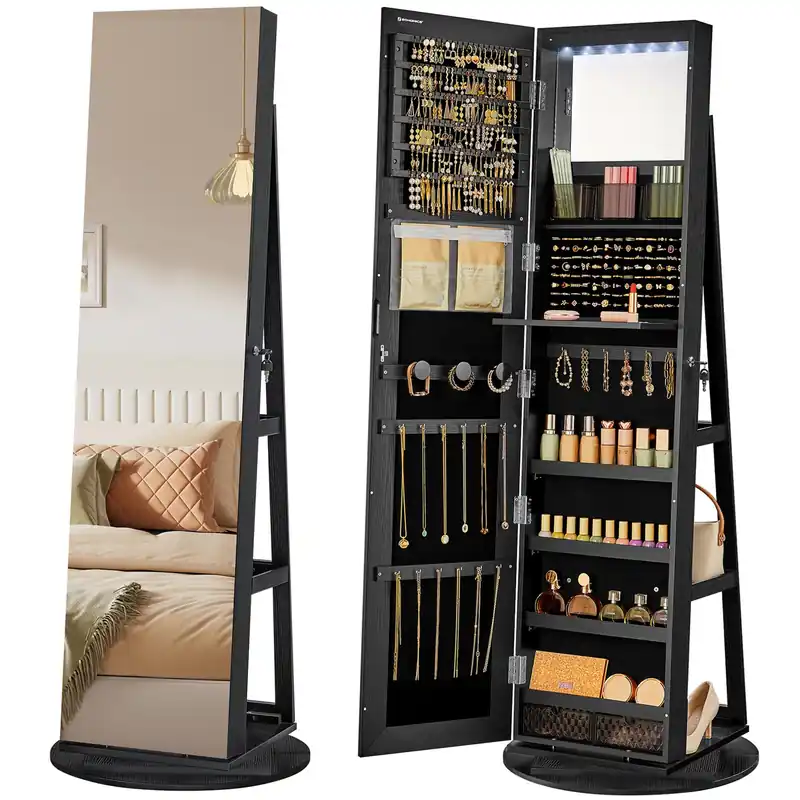 SONGMICS 6 LEDs Lockable Mirror Jewelry Cabinet, 360° Swivel Jewelry Organizer Armoire Standing, Frameless Full-Length Mirror, 3 Storage Shelves, Black Surface, Black Lining UJJC007B01