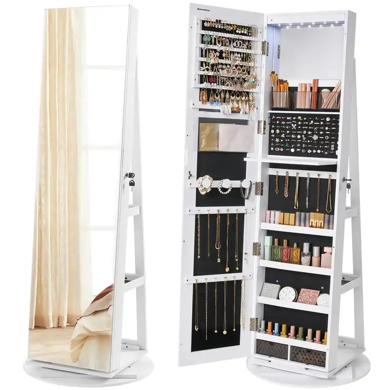 SONGMICS 6 LEDs Lockable Mirror Jewelry Cabinet, 360° Swivel Jewelry Organizer Armoire Standing, Frameless Full-Length Mirror, 3 Storage Shelves, White Surface, Black Lining UJJC007W01