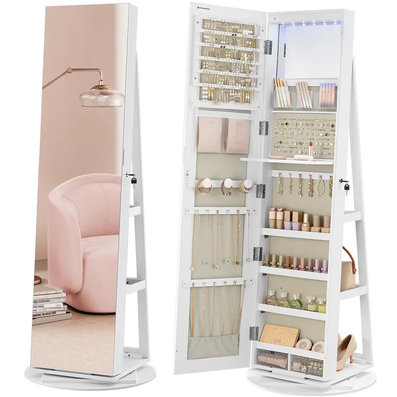SONGMICS 6 LEDs Lockable Mirror Jewelry Cabinet, 360° Swivel Jewelry Organizer Armoire Standing, Frameless Full-Length Mirror, 3 Storage Shelves, White Surface, Greige Lining UJJC007W02V1