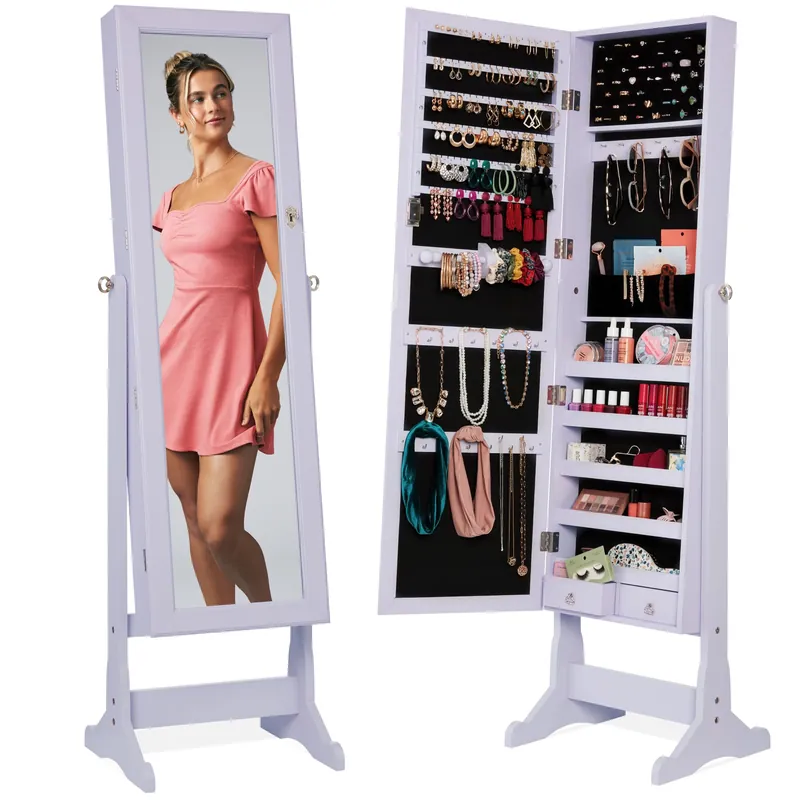 Best Choice Products Freestanding Jewelry Armoire Cabinet, Full Length Standing Mirror, Lockable Makeup Storage Organizer, w/Velvet Lining, 3 Angles, Lock, Accessory Pouch, 5 Shelves - Lavender