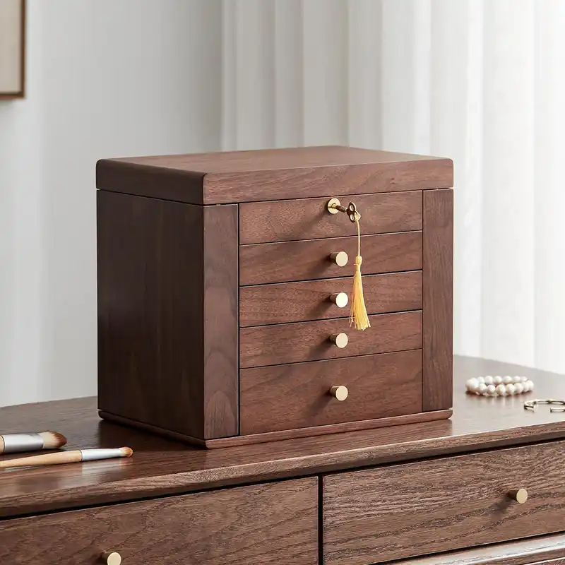 Homruilink Black Walnut Wooden Jewelry Box, Wood Jewelry Organizer with 2 Side Doors Mirror Lockable Classical Style for Watch Necklace Ring Earring Storage Valentines Day Gifts for Her-5 Layer