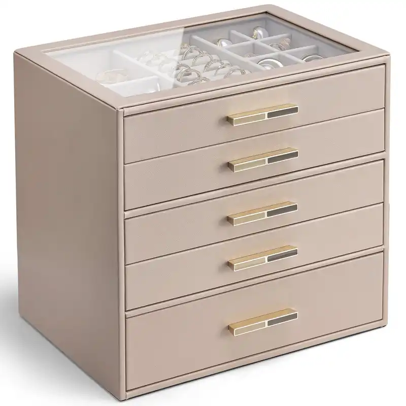 VLANDO 5 Layer Jewelry Box for Women, Glass Lid Jewelry Organizer with 5 Drawers for Necklaces Rings Earrings Bracelets - Toffee