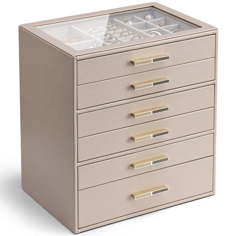 VLANDO 6 Layer Jewelry Box for Women, Glass Lid Jewelry Organizer with 6 Drawers for Necklaces Rings Earrings Bracelets - Toffee